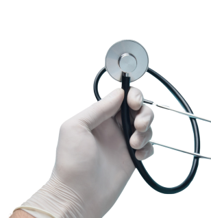 Gloved hand holds stethoscope