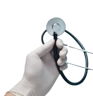 Gloved hand holds stethoscope